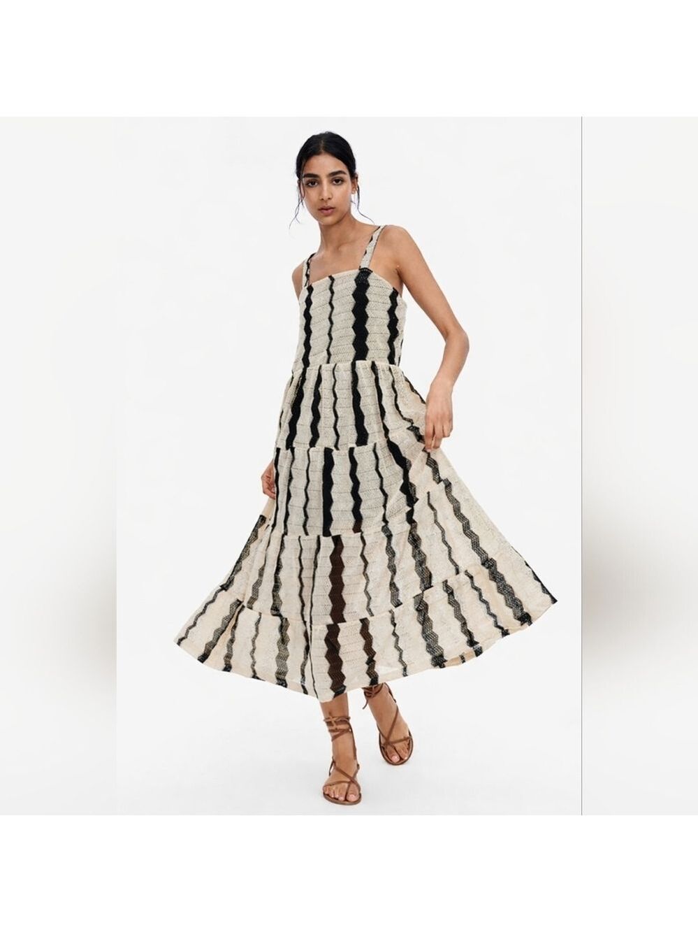 NWT Zara Black Natural Crochet Knit Chevron Stripe Tiered Midi Dress Size S